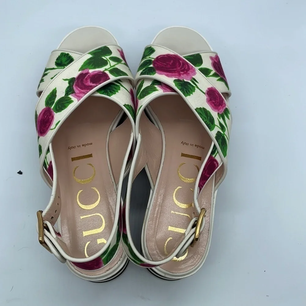GUCCI Pink Red Rose Floral Sandals Peggy Platforms Striped Sole 39.5
